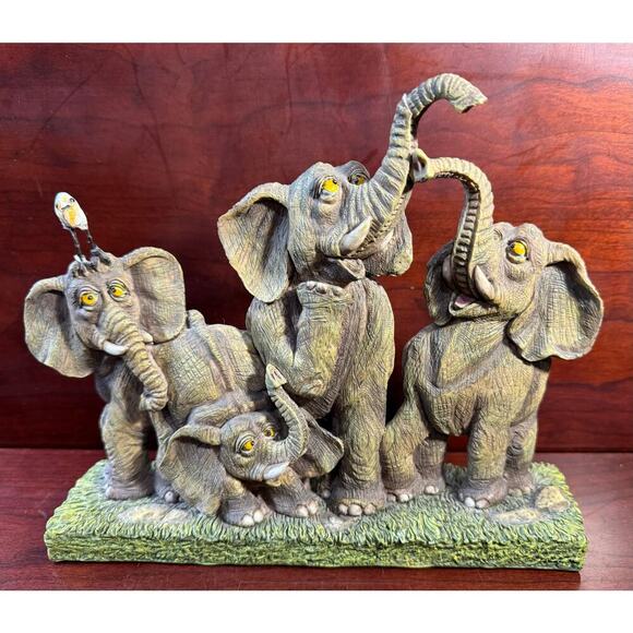 4 Playful Gray Elephants Cold Cast Poly Resin Figurine On Stone & Grass Base - Picture 1 of 9